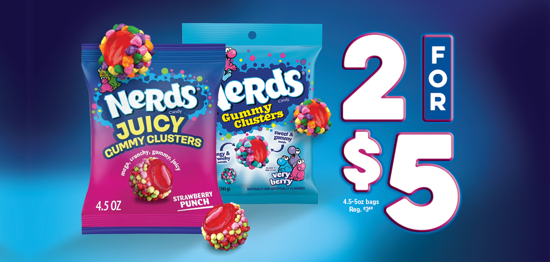 Nerds Gummy Clusters bags, strawberry punch and very berry 2 for $5