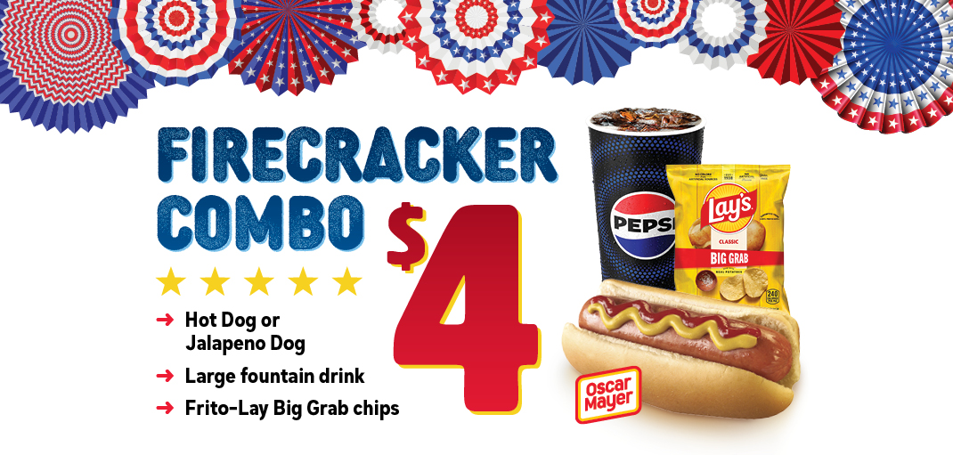 Firecracker Combo--Hot Dog, Lays Chips, Pepsi fountain for $4