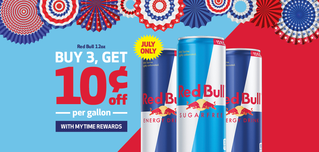Buy 3 Red Bull 12oz, Get 10-cent fuel discount with MyTime Rewards