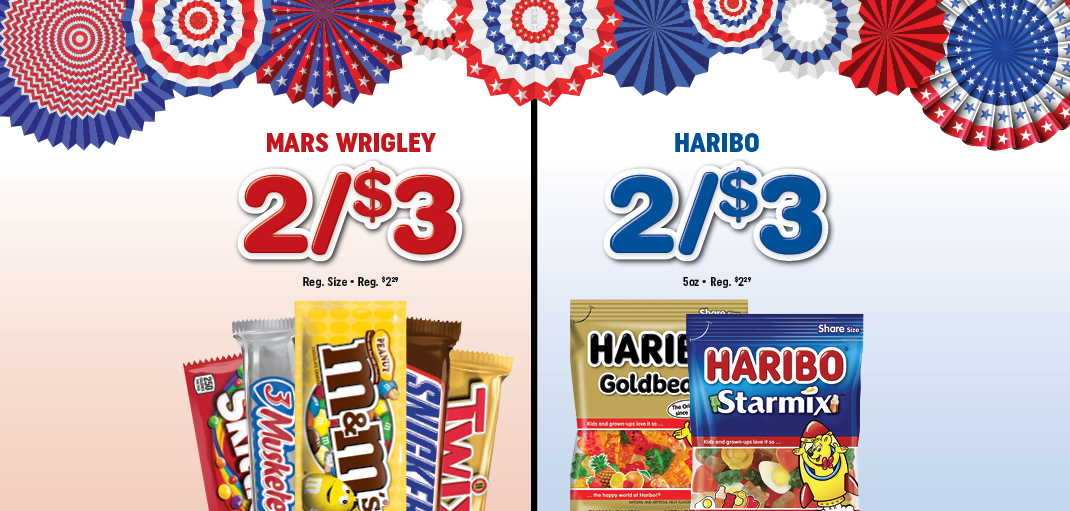 M&Ms Snicker 2 for $3, Haribo gummies bags 2 for $3