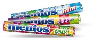 Mentos sticks in flavors mint, rainbow and fruit.