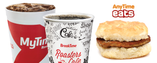 One Fountain Drink, Coffee, and Biscuit – Anytime Eats
