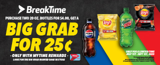 Pepsi, Mountain Dew bottles, Lay's chips
