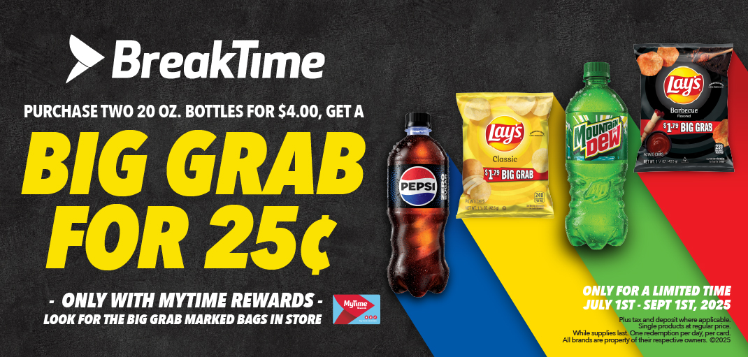 Buy 2 Pepsi or Dew Get Frito Lay Big Grab chips 25 cents