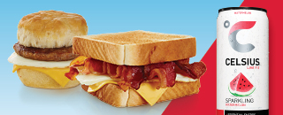 Bacon sandwich, sausage biscuit, can of Celsius