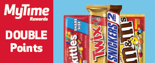Skittles, Twix, Snickers, Peanut M&M share size MyTime Rewards Double points