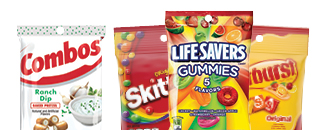 Combos, Skittles, Lifesavers gummies and starburst bags
