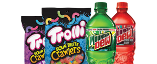 Trolli Crawlers, and Trolli crawlers very berry with Mountain Dew and Mountain Dew Code Red.