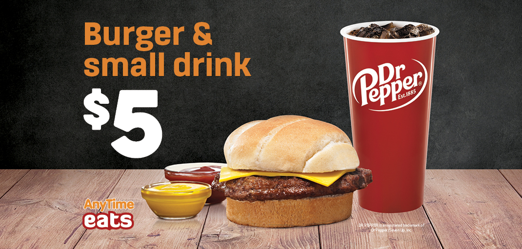 Burger, Dr Pepper small glass of soda, $5 Combo