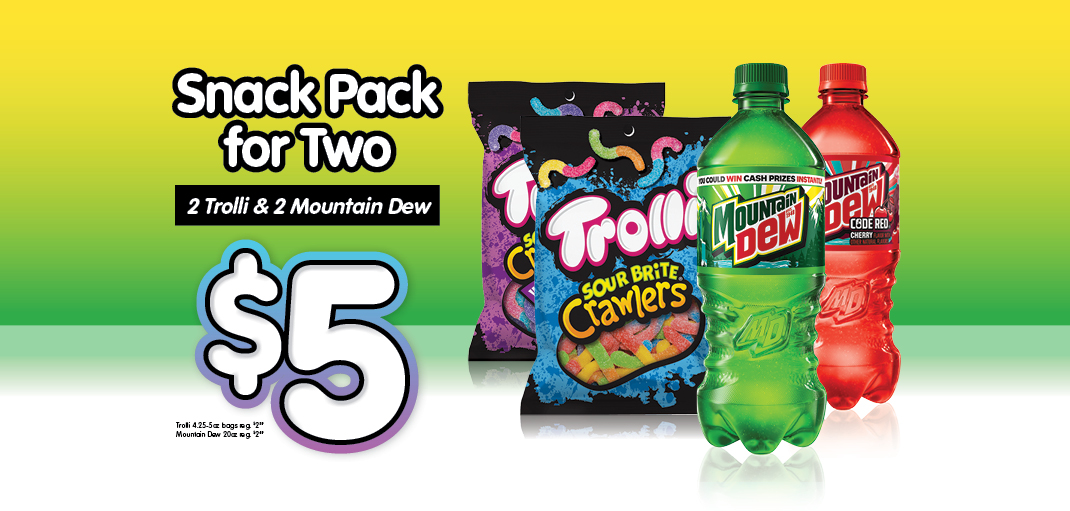 2 Trolli bag candy and 2 Mountain Dew 20 ounce bottles for $5