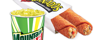 Small fountain cup of Mountain Dew and 2 cheesy Tornados