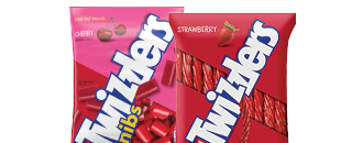Twizzler cherry nibs and strawberry twists bags