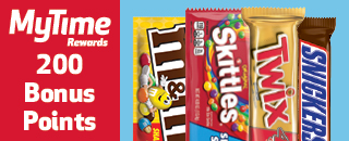 Peanut M&Ms, Skittles, Twix, Snickers, 200 bonus points