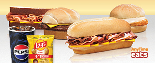 Soft drink, potato chips, sub sandwich
