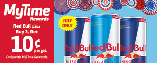 MyTime Rewards promotion offering Red Bull 12 oz beverages at buy 3, get 10¢ OFF per gallon of gas. Original, Sugar Free, and Blue Edition varieties shown.