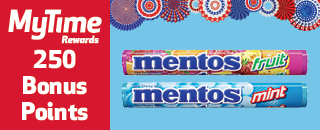 MyTime Rewards promotion offering 250 bonus points with the purchase of Mentos mints or gum, with Fruit and Mint varieties shown.
