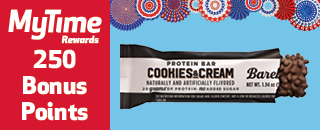 MyTime Rewards promotion offering 250 bonus points with the purchase of a Barebells protein bar. Cookies & Cream flavor shown.