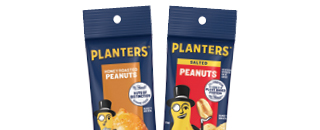 Two Planters peanut snack packs, featuring Honey Roasted Peanuts and Dry Roasted Peanuts flavors.