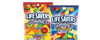 Two bags of Life Savers Gummies candy, including 5 Flavors and Gummies Collisions varieties.