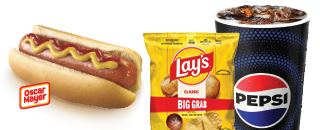 Firecracker Combo featuring hot dog or jalapeño dog, large fountain drink, and a Frito-Lay Big Grab chip