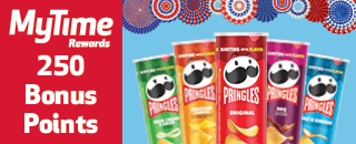 MyTime Rewards promotion offering 250 bonus points with the purchase of Pringles potato crisps in the tall can. Multiple flavors shown.