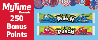 MyTime Rewards promotion offering 250 bonus points with the purchase of Sour Punch straws candy. Blue Raspberry and Strawberry varieties shown.