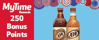 MyTime Rewards promotion offering 250 bonus points with the purchase of A&W Root Beer or Crème Soda beverages. Regular and zero sugar varieties shown.