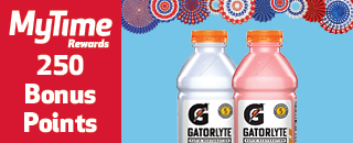 MyTime Rewards promotion offering 250 bonus points with the purchase of Gatorlyte electrolyte beverages. Orange and Strawberry Kiwi varieties shown.