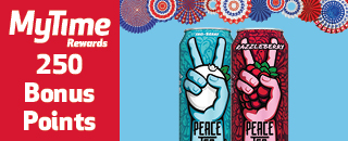 MyTime Rewards promotion offering 250 bonus points with the purchase of Peace Tea beverages. Blue and Razzleberry varieties shown.