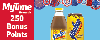 MyTime Rewards promotion offering 250 bonus points with the purchase of YooHoo chocolate drinks, with bottled and canned varieties shown.
