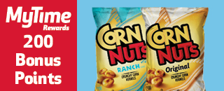 MyTime Rewards promotion offering 200 bonus points with the purchase of Corn Nuts. Ranch and Original flavor shown.