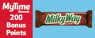 MyTime Rewards promotion offering 200 bonus points with the purchase of a MilkyWay candy bar.
