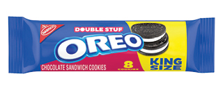 Package of Double Stuf Oreo, chocolate sandwich cookies, king size, with eight cookies shown on the wrapper.