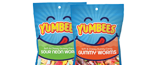 Two Yumbees gummy candy bags, featuring Sour Neon Worms and Gummy Worms varieties