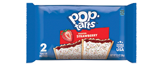 Package of Pop Tarts, Frosted Strawberry flavor, toasted pastries with two pastries per pack