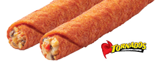 Tornados, a hot roller grill item, rolled tortilla snack with visible savory filling